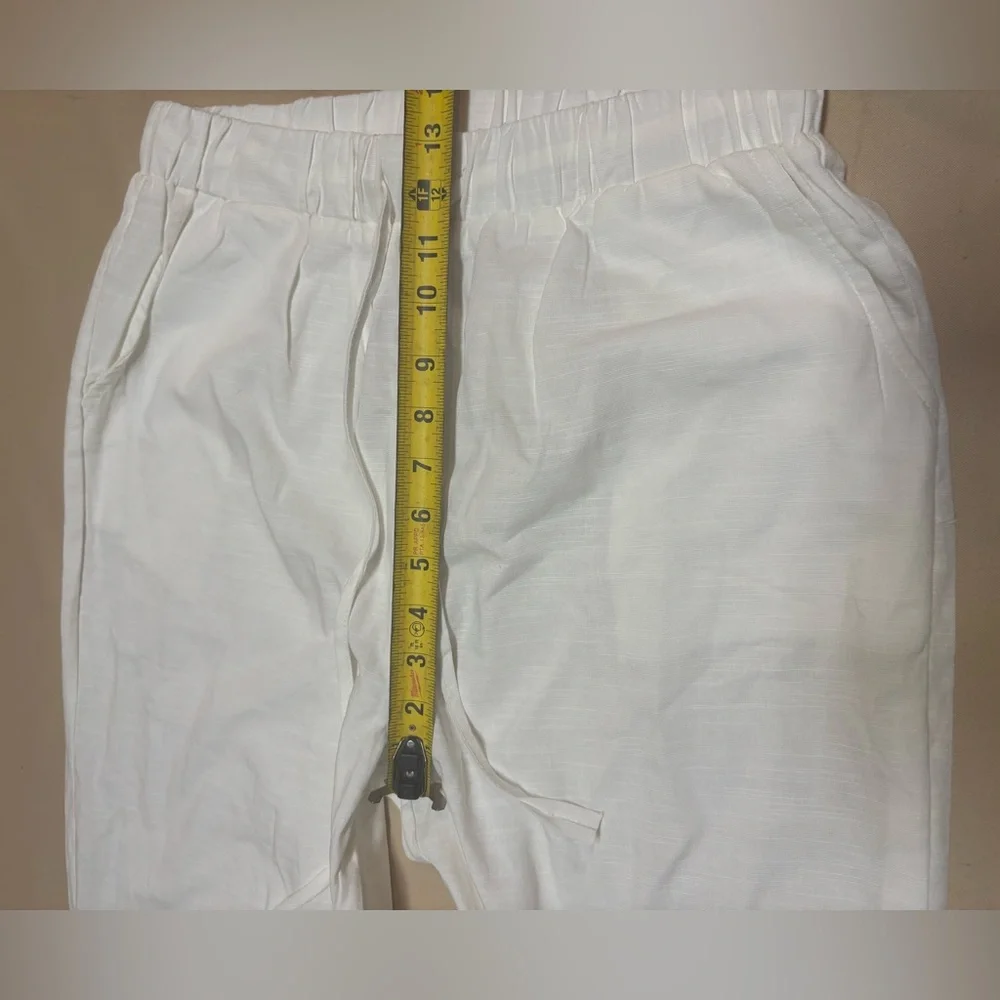 Linen Blend Pants‎ Womens M White Cropped Summer Resort Comfort Capri Drawstring